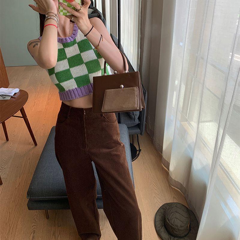 Color Block Ribbed Trimmed Check Knit Vest Cropped Sleeveless Tank Jumper on sale - SOUISEE