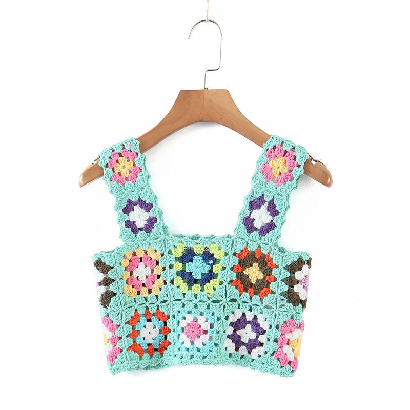 Bohemian Rainbow Crochet Flower Crop Top Rhombus Knitted Pattern Tank on sale - SOUISEE