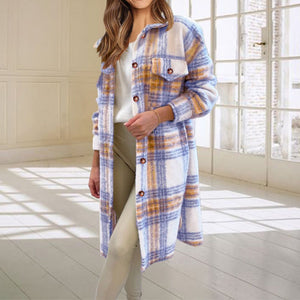 Wool Blend Longline Plaid Shacket Long Checked Peacoat on sale - SOUISEE