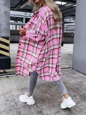 Wool Blend Longline Plaid Shacket Long Checked Peacoat on sale - SOUISEE