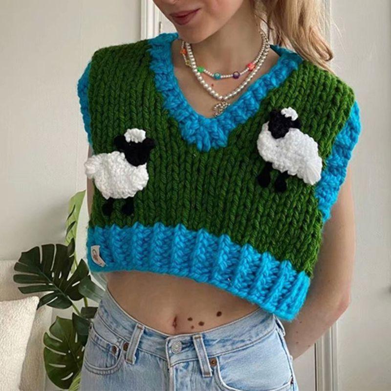 Color Block Ribbed Trimmed Check Knit Vest Cropped Sleeveless Tank Jumper on sale - SOUISEE