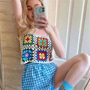 Bohemian Rainbow Crochet Flower Crop Top Rhombus Knitted Pattern Tank on sale - SOUISEE