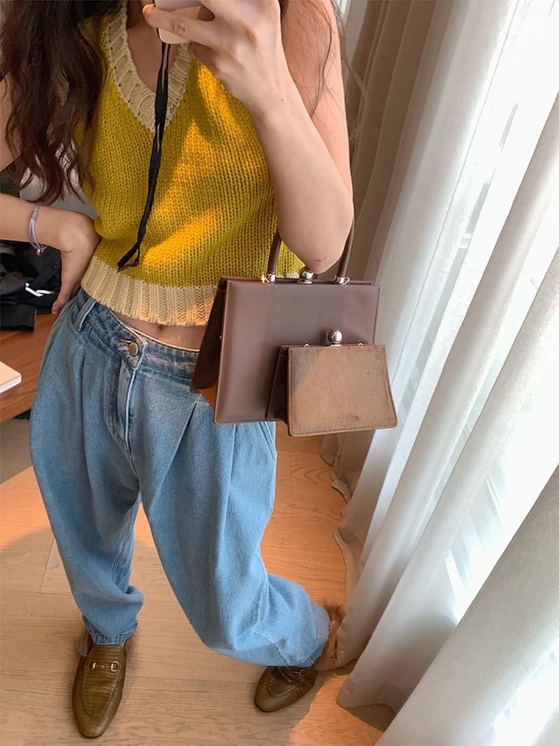 Color Block Ribbed Trimmed Check Knit Vest Cropped Sleeveless Tank Jumper on sale - SOUISEE