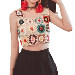 Bohemian Rainbow Crochet Flower Crop Top Rhombus Knitted Pattern Tank on sale - SOUISEE