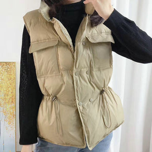 Button Drawstring Waist Quilted Vest Puffer Gilets Sleeveless Bodywarmer on sale - SOUISEE