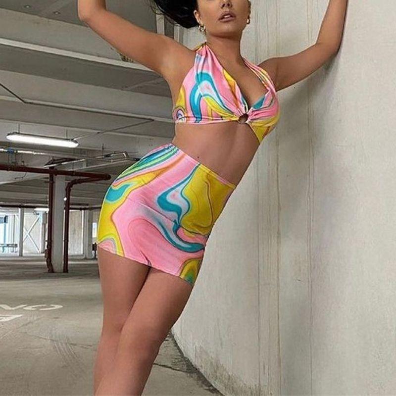 Retro Color Block Tie Back Halter Neckline O Ring Two Piece Dress Set on sale - SOUISEE