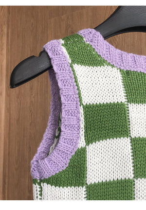 Color Block Ribbed Trimmed Check Knit Vest Cropped Sleeveless Tank Jumper on sale - SOUISEE