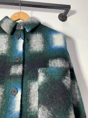 Multicolor Oversized Front Pockets Wool Plaid Flannel Over Shirt Shacket Jacket on sale - SOUISEE