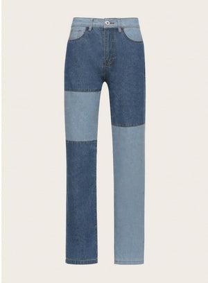Slim Fit Stitched Color Block Straight Leg Jeans Ripped Denim Trousers on sale - SOUISEE