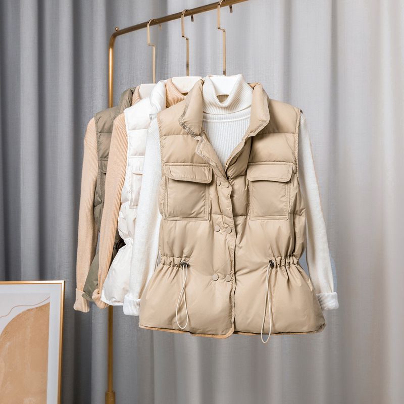 Button Drawstring Waist Quilted Vest Puffer Gilets Sleeveless Bodywarmer on sale - SOUISEE