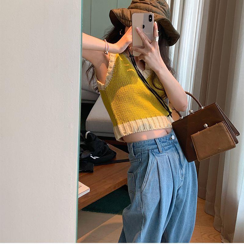 Color Block Ribbed Trimmed Check Knit Vest Cropped Sleeveless Tank Jumper on sale - SOUISEE