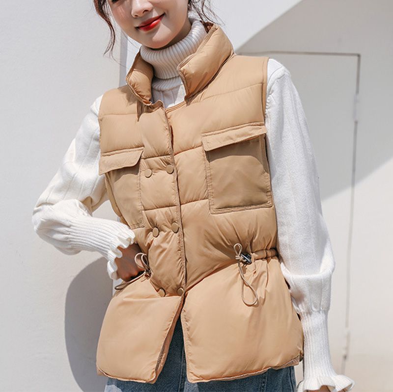 Button Drawstring Waist Quilted Vest Puffer Gilets Sleeveless Bodywarmer on sale - SOUISEE