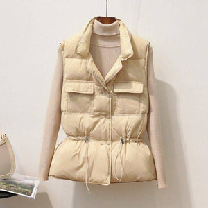 Button Drawstring Waist Quilted Vest Puffer Gilets Sleeveless Bodywarmer on sale - SOUISEE