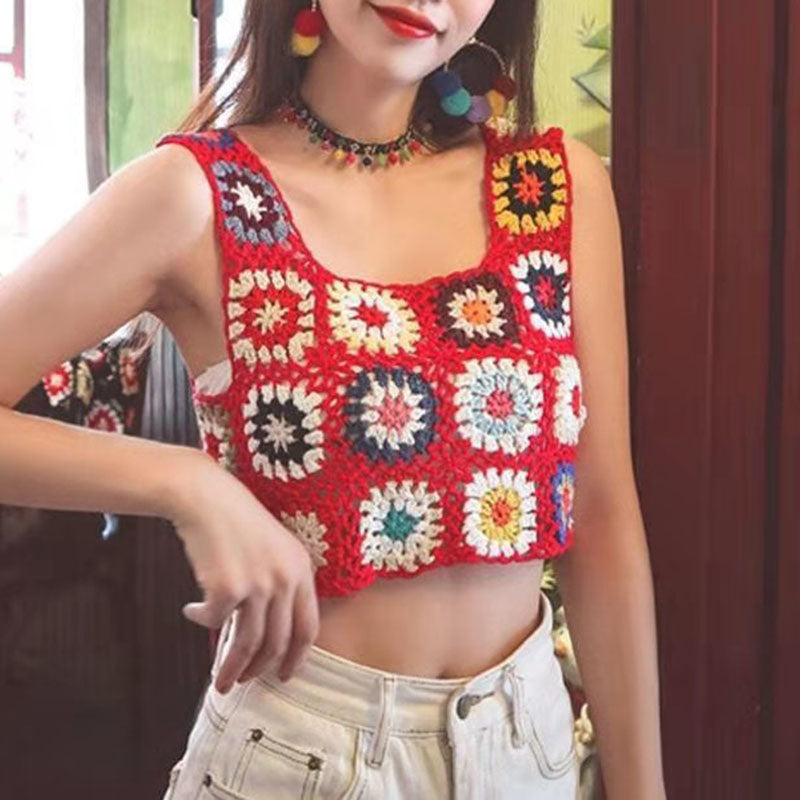 Bohemian Rainbow Crochet Flower Crop Top Rhombus Knitted Pattern Tank on sale - SOUISEE