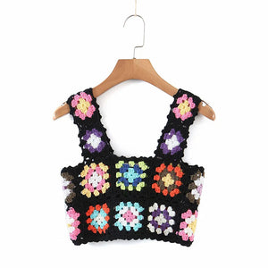 Bohemian Rainbow Crochet Flower Crop Top Rhombus Knitted Pattern Tank on sale - SOUISEE