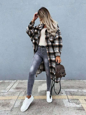 Wool Blend Longline Plaid Shacket Long Checked Peacoat on sale - SOUISEE