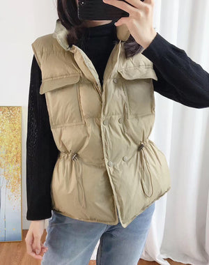 Button Drawstring Waist Quilted Vest Puffer Gilets Sleeveless Bodywarmer on sale - SOUISEE