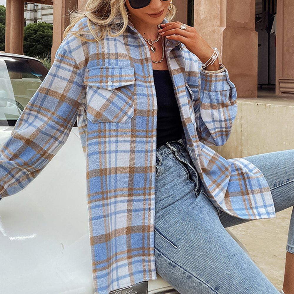 Blend Wool Brushed Plaid Pattern Shacket Collared Flannel Shirt Jacket on sale - SOUISEE