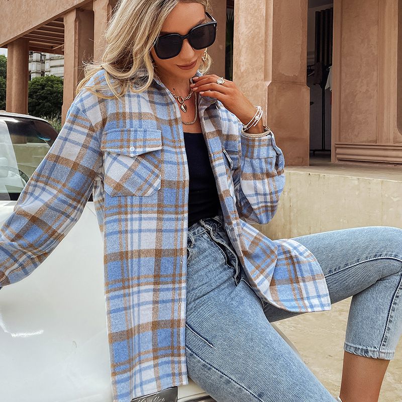 Blend Wool Brushed Plaid Pattern Shacket Collared Flannel Shirt Jacket on sale - SOUISEE