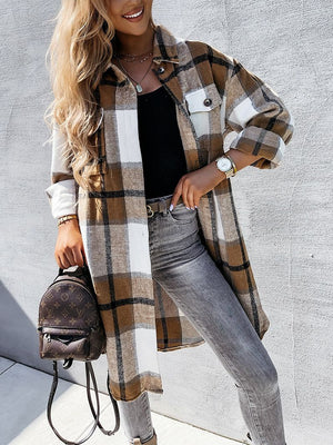 Wool Blend Longline Plaid Shacket Long Checked Peacoat on sale - SOUISEE