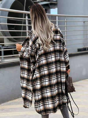 Wool Blend Longline Plaid Shacket Long Checked Peacoat on sale - SOUISEE