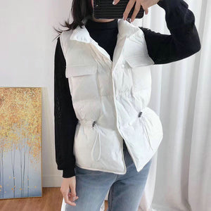 Button Drawstring Waist Quilted Vest Puffer Gilets Sleeveless Bodywarmer on sale - SOUISEE