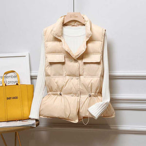 Button Drawstring Waist Quilted Vest Puffer Gilets Sleeveless Bodywarmer on sale - SOUISEE