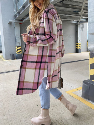 Wool Blend Longline Plaid Shacket Long Checked Peacoat on sale - SOUISEE