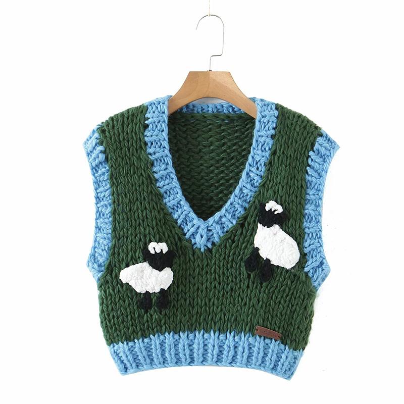 Color Block Ribbed Trimmed Check Knit Vest Cropped Sleeveless Tank Jumper on sale - SOUISEE