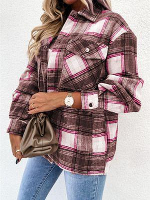 Blend Wool Brushed Plaid Pattern Shacket Collared Flannel Shirt Jacket on sale - SOUISEE