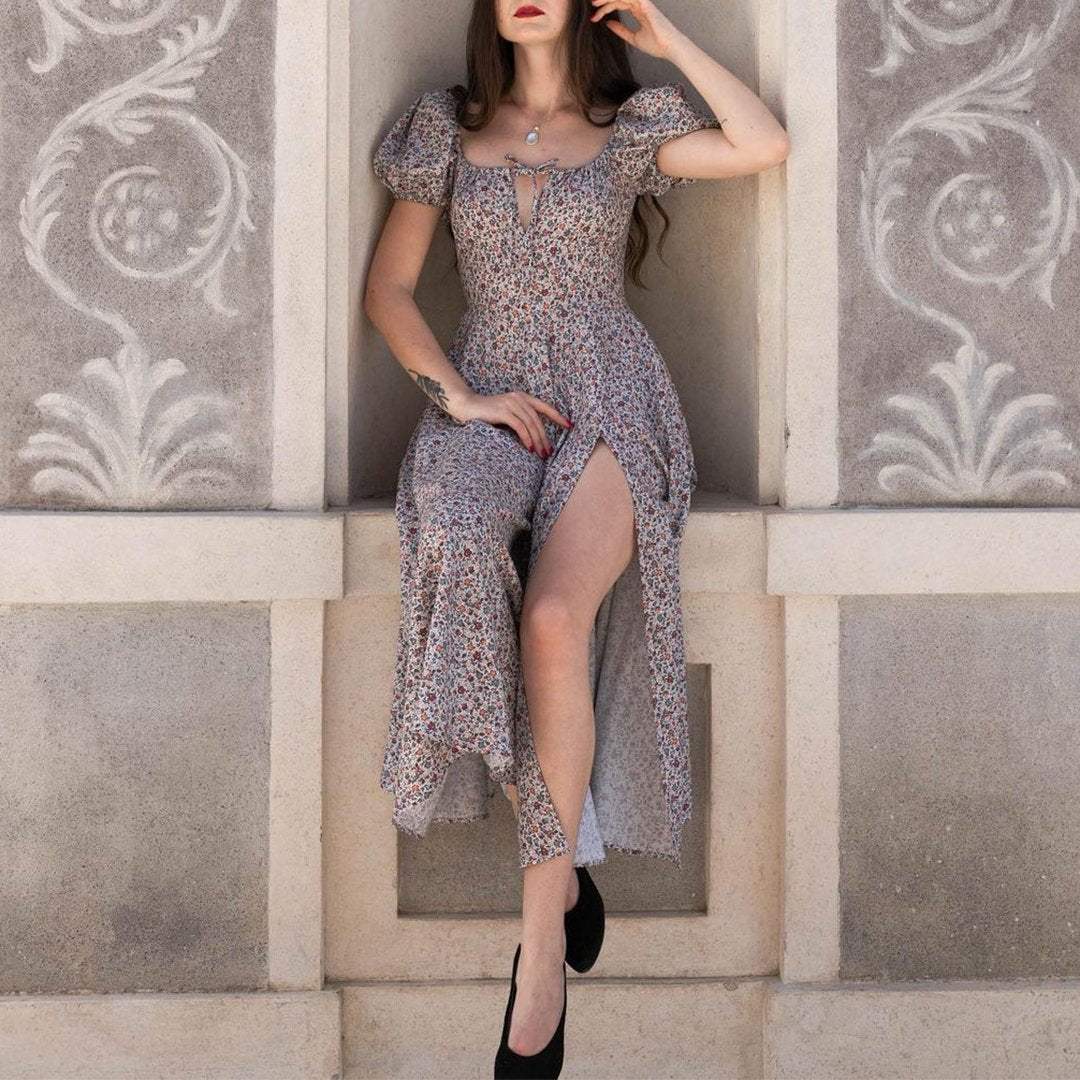Boho Flower Garden Floral PUFF SLEEVE Square Neck Side Thigh Split Midi Dress on sale - SOUISEE