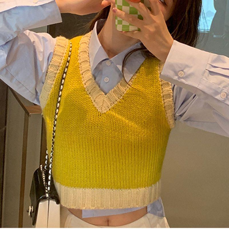 Color Block Ribbed Trimmed Check Knit Vest Cropped Sleeveless Tank Jumper on sale - SOUISEE