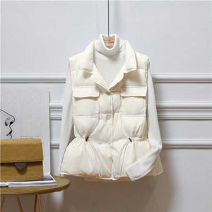 Button Drawstring Waist Quilted Vest Puffer Gilets Sleeveless Bodywarmer on sale - SOUISEE