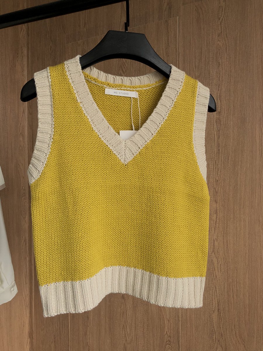 Color Block Ribbed Trimmed Check Knit Vest Cropped Sleeveless Tank Jumper on sale - SOUISEE