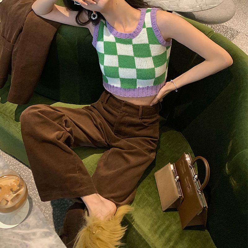 Color Block Ribbed Trimmed Check Knit Vest Cropped Sleeveless Tank Jumper on sale - SOUISEE