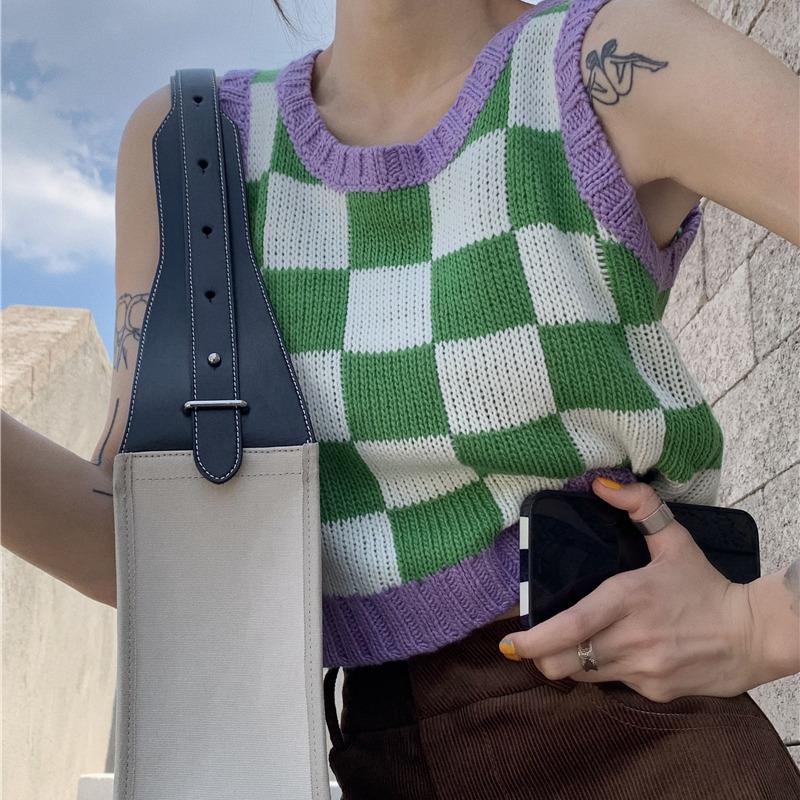 Color Block Ribbed Trimmed Check Knit Vest Cropped Sleeveless Tank Jumper on sale - SOUISEE
