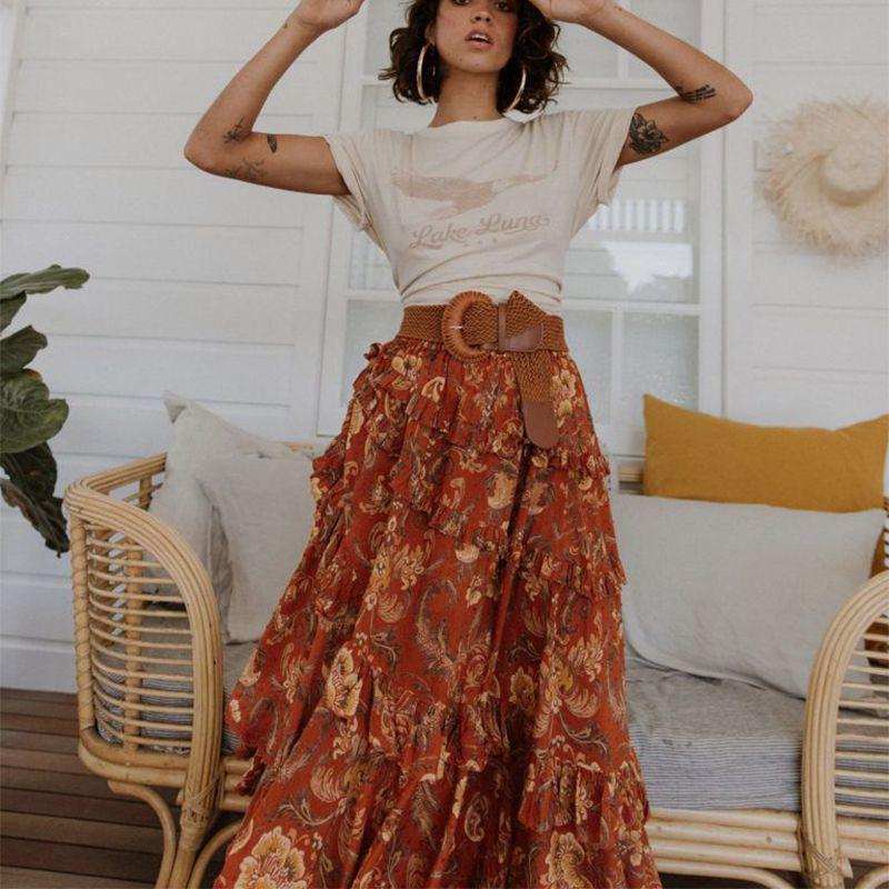 90s Fashion Retro Elastic Waist Paisley Ruffle Midi Skirt on sale - SOUISEE