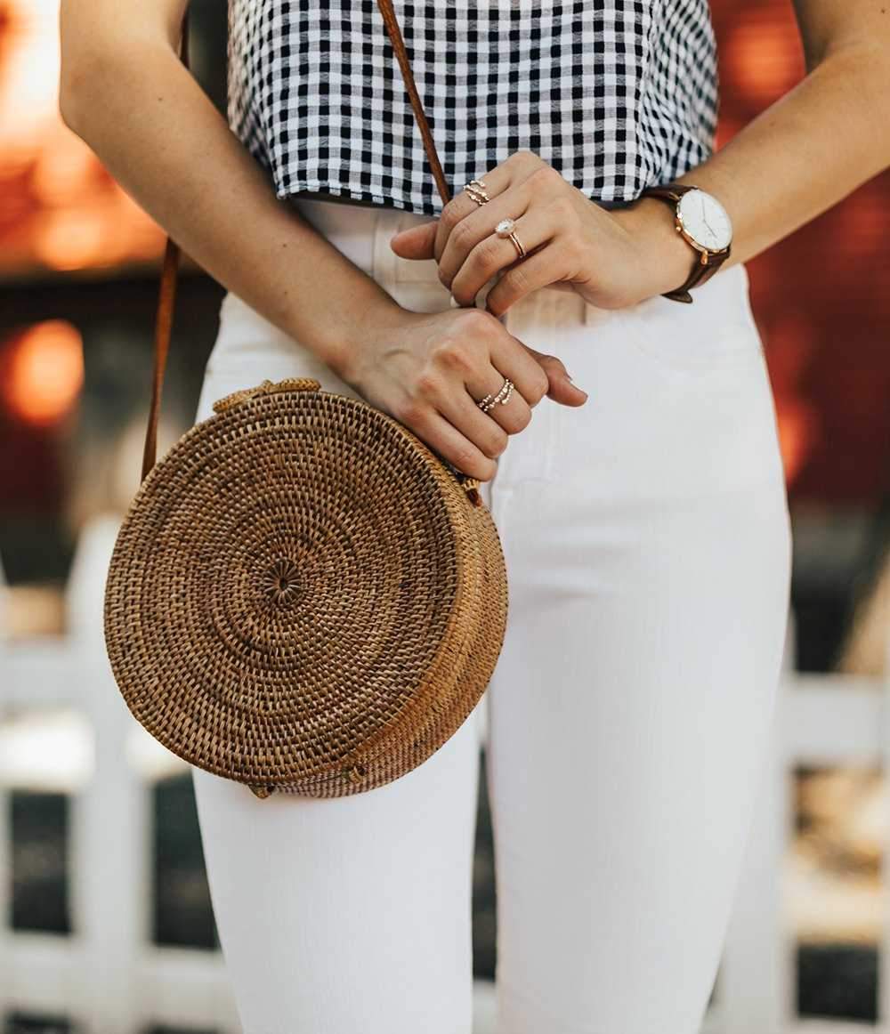 Boho Handmade Round Woven Handbag Bali Rattan Crossbody Beach Bag on sale - SOUISEE