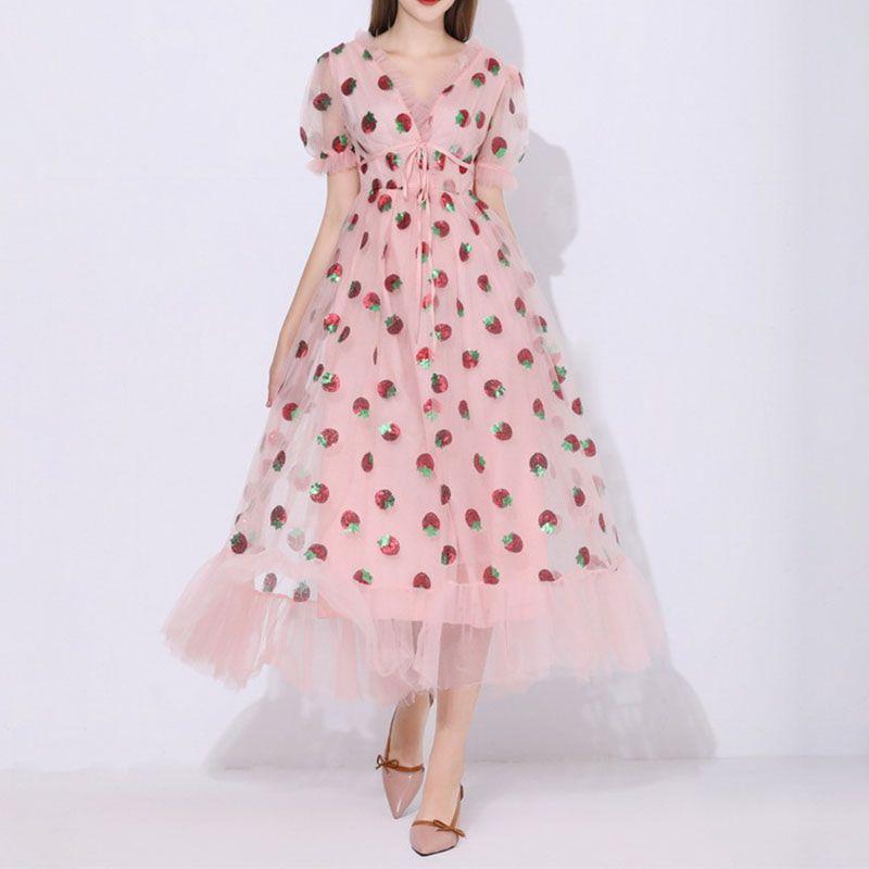 Sparkly Sequin Strawberry Midi Dress Ruffle Mesh Tulle Ball Gown on sale - SOUISEE