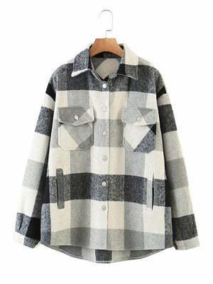 Classic Thick Colorblock Checked Button Down Woolen Shirt Jacket on sale - SOUISEE