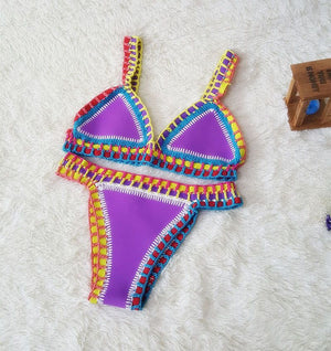 Rainbow Bohemian Trim Crochet Bathing Suit Swimsuit Sets