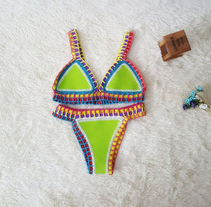 Rainbow Bohemian Trim Crochet Bathing Suit Swimsuit Sets