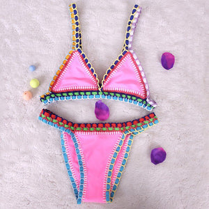 Rainbow Bohemian Trim Crochet Bathing Suit Swimsuit Sets