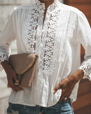 Bohemian Crochet Lace Button Up Shirt Top on sale - SOUISEE