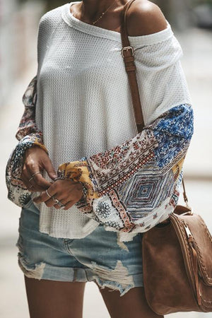 Boho Chic Oversized Patchwork Knitted Sweater With Chiffon Sleeves on sale - SOUISEE