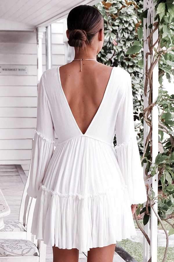 Casual Ruffle Trimmed Long Puff Sleeve V Cut Out Back V Neck Dress on sale - SOUISEE