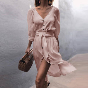 Casual Front Tie Mid Sleeve Button Front Shirt Dress on sale - SOUISEE