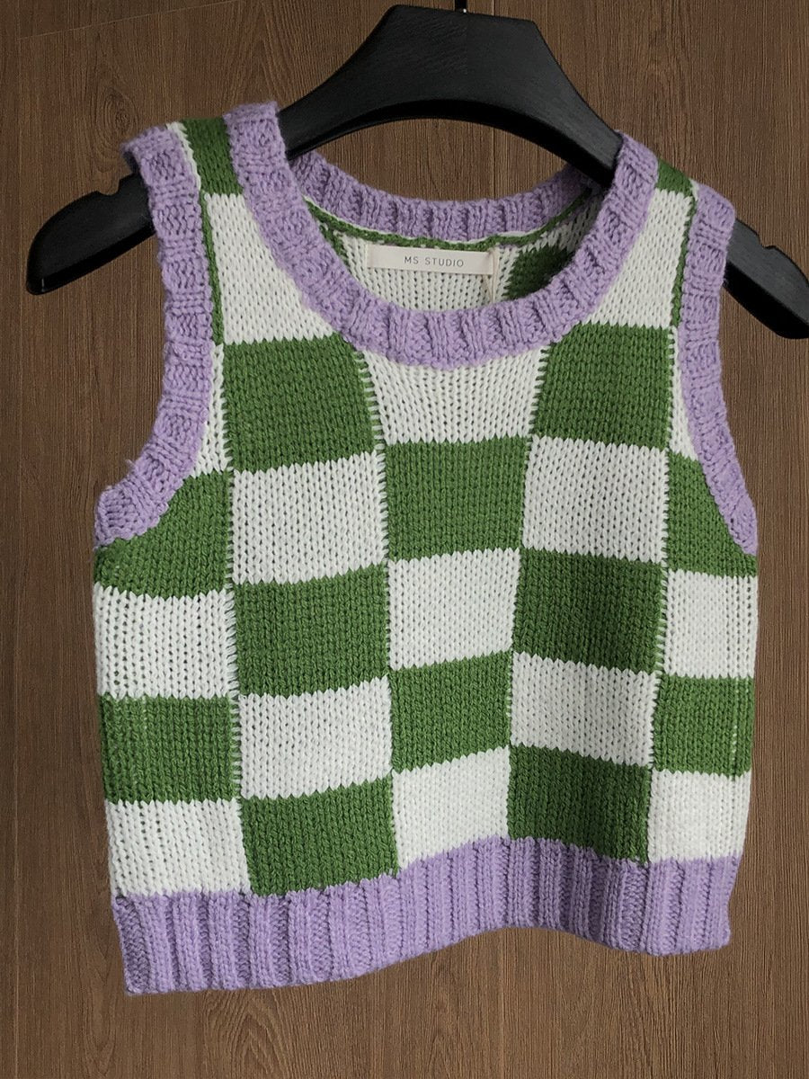 Color Block Ribbed Trimmed Check Knit Vest Cropped Sleeveless Tank Jumper on sale - SOUISEE