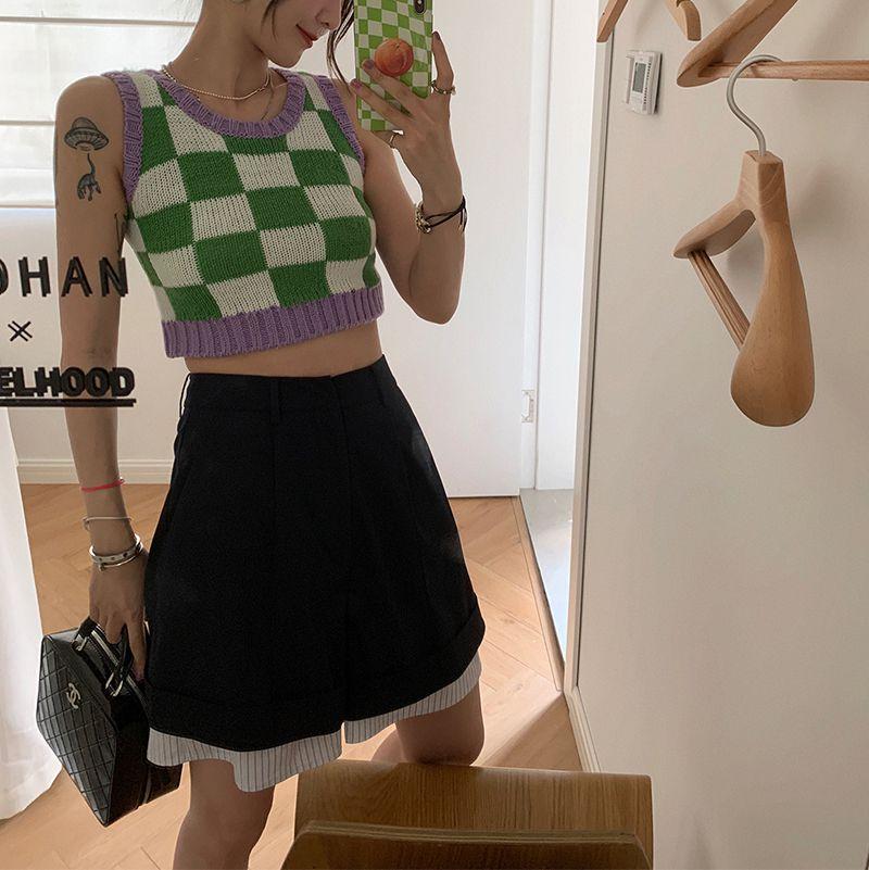 Color Block Ribbed Trimmed Check Knit Vest Cropped Sleeveless Tank Jumper on sale - SOUISEE