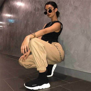 High Waisted Baggy Carrot Trousers Cargo Pants With Chains on sale - SOUISEE